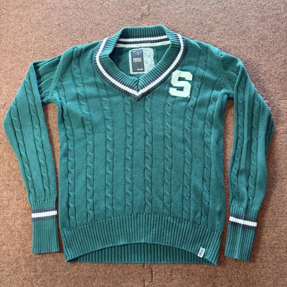 Renu Bruzer Michigan State Spartans Green Cable Knit V-Neck Sweater Women Medium